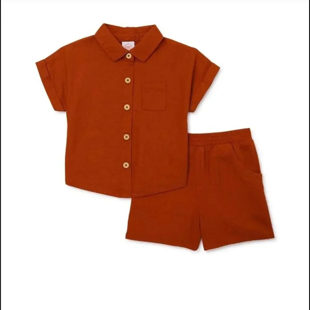 Wonder Nation Baby Girl Elevated Shirt and Shorts Linen Blend Set Size 12m NWOT